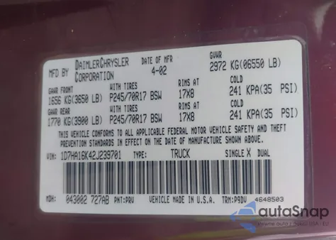 2002 Dodge Ram 1500 St из США, поврежденный, VIN 1D7HA16K42J239701